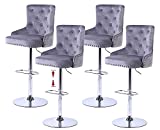 Kitchen High Bar Chair Set of 4 Velvet Grey Swivel Bar Stool with Back Bar Counter Height Stools Adjustable Counter Stool for Kitchen Island , Rivets Detailing