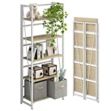 4NM No-Assembly Folding Bookshelf Storage Shelves 5 Tiers with 2 Storage Drawers Vintage Bookcase Standing Racks Study Organizer Home Office (Natural and White)