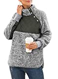 VIISHOW Women Long Sleeves Color-Block Asymmetrical Paneled Long Sleeve Sweatshirt Pocket Sherpa Fleece Pullover Coat Light Gray XL