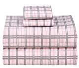 Ruvanti 100% Cotton 3 Pcs Flannel Sheets Twin Pink & Grey Plaid - Deep Pocket, Warm, Super Soft & Breathable Twin Size Flannel Kids Bedding Sheets Set Include Flat Sheet, Fitted Sheet 1 Pillow Case