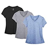 icyzone Workout Shirts Yoga Tops Activewear V-Neck T-Shirts for Women Running Fitness Sports Short Sleeve Tees (M, Black/Granite/Blue)