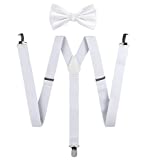 TIE G Solid Color Men's Suspender + Woven Bow Tie Set for Wedding : Vivid Color, Adjustable Brace, Strong Enhanced Clip, Elastic Band (Pure White)