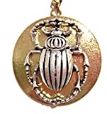 Scarab Beetle & Golden Sun Disc Egyptian Revival Steampunk Pendant on Long Chain Necklace
