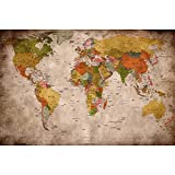 Large Photo Wallpaper  Retro World Map Used Look  Picture Decoration Globe Continents Atlas Earth Retro Old School Vintage Image Decor Wall Mural (132.3x93.7in - 336x238cm)