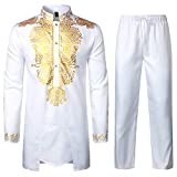 LucMatton Men's African 2 Piece Set Long Sleeve Gold Print Dashiki and Pants Outfit Traditional Suit White XX-Large