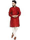 SKAVIJ Mens Tunic Art Silk Kurta Pajama Indian Ethnic Dress Set (X-Large, Red)