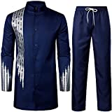 LucMatton Men's 2 Piece Outfit Long Sleeve Button up African Dashiki Shirt and Pants Traditional Ethnic Suit Indigo Blue Gold XX-Large