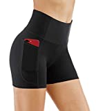 THE GYM PEOPLE High Waist Yoga Shorts for WomenTummy Control Fitness Athletic Workout Running Shorts with Deep Pockets (Large, Black)