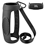 Silicone Case Cover for JBL Charge 5 Waterproof Portable Bluetooth Speaker, Travel Carrying Protective Gel Soft Skin, Waterproof Rubber Pouch with Shoulder Strap and Carabiner - Black