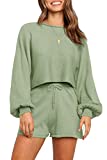 ZESICA Women's Casual Long Sleeve Solid Color Knit Pullover Sweatsuit 2 Piece Short Sweater Outfits Sets,Green,Small