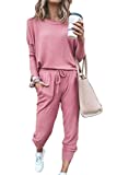 Fixmatti Women 2 Piece Casual Outfit Matching Long Pant Set Solid Sweatsuit Pink M