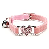 Pink Love Heart Bling Cat Collar with Safety Belt and Bell 8-11 Inches, Gift for Valentine's Day