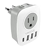 European Travel Plug Adapter, VINTAR International Power Adaptor with 1 USB C, 2 US Outlets and 3 USB Ports, 6 in 1 European Plug Adapter (Type C)