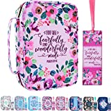 Floral Bible Cover Case with Scripture Carrying Book Case Church Bag with Leather Bookmark Protective with Handle, Zipper and Pockets for Standard Size Bible, Gift for Women Girl Kids 10x7.5x2.5"