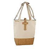 Canvas and Rattan Bible Bag with Two Inside Pockets Zipper, 13x13 inch Tote Style Bible Cover Case with Shoulder and Carry Straps for Women