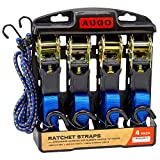 Ratchet Tie Down Straps - 4 Pk - 15 Ft- 500 Lbs Load Cap- 1500 Lb Break Strength- Cambuckle Alternative- Cargo Straps for Moving Appliances, Lawn Equipment, Motorcycle - Includes 2 Bungee Cord