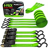 FORTEM Ratchet Straps, 4X 15ft Tie Down Strap Set, 4X Soft Loops, Motorcycle Straps Tie Downs, Cargo Straps for Trucks, 1500lb Break Strength, Rubber Handles, Coated Metal Hooks, Carrying Bag (Green)