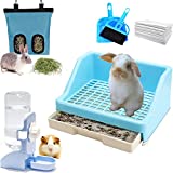 Calymmny Rabbit Litter Box with Drawer, Bunny Water Bottle and Hay Feeder Bag, 5-In-1 Small Pet Rabbit Cage Accessories, Bunny Toilet Potty with Cleaning Set for Rabbit Guinea pig Chinchilla(Blue)
