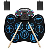 Electronic Drum Set, Portable Roll-Up Drum Practice Pad, 9 Pad Digital Drum Kit, Built-in Dual Stereo Speakers, Bluetooth Wireless Electric Drums for Kids Beginner Great Holiday Birthday Gift