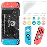 DLseego Crystal Glitter Case Set Compatible with Switch, Soft TPU Anti-Scratch Clear Protective Cover Shell with 2 Pack Tempered Glass Screen Protectors and 10pcs Colourful Cute Thumb Grip Caps