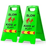 Children at Play Safety Signs, Slow Down Kids at Play Sign, Double-Sided Text and Graphics with Reflective Tape Easier to Identify, Kids at Play and Slow Down Signs for Street Neighborhoods Schools Park Sidewalk Driveway(2 Pack Green)