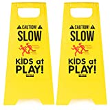 2-Pack of Caution! Slow Kids at Play! Child Safety & Slow Down Signs – Double-Sided, Fold-Out Road & Yard Signs for Neighborhoods, Schools, Day Cares, Park & Home Use for Street, Sidewalk, & Driveway