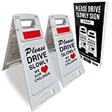 2 Pack Please Drive Slowly We Love Our Children Safety Signs - Children Playing Safety Sign for Street - Reflective, Double-Sided, White, Foldable Standing Slow Signs for Yards, Driveways, Schools