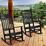 EMMA + OLIVER Set of 2 Black All-Weather Poly Resin Faux Wood Rocking Chairs for Porch &Patio