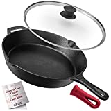 Cast Iron Skillet with Lid - 12"-Inch Frying Pan + Glass Lid + Heat-Resistant Handle Cover - Pre-Seasoned Oven Safe Cookware - Indoor/Outdoor Use - Grill, BBQ, Camping Fire, Stovetop, Induction Safe