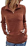 ECOWISH Women Long Sleeve Zipper Sweatshirt Quilted Pattern Soft Pullover Solid Color Top with Pockets 092 Brick Red Medium