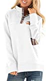 Women's Button Neck Quilted Pullover Sweatshirts Patchwork Elbow Patches Tops Outwear White