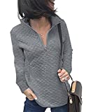 Women Half Zipper Long Sleeve Pullover Quilted Pattern Hoodie Casual Sweatshirt Stand Collar Tops with Pocket Grey S