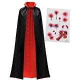 Adult Unisex Vampire Costume Set with Reversible Cloak Cape and Tattoo Scar for Halloween Costume Party, Dracula Theme Party, Cosplay Dress Up and Transylvania Costume Black, Red