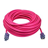 Clear Power 100 ft Outdoor Extension Cord 12/3 SJTW Heavy Duty with Lighted Connector, 3 Prong Grounded Plug, Water & Weather Resistant, Flame Retardant, Hi-Vis Pink, DCOC-0104-DC