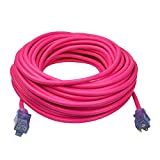 Clear Power 100 ft Heavy Duty Extreme Cold Weather Outdoor Extension Cord 12/3 SJTW -50°C, Lighted Connector, Water & Weather Resistant, Flame Retardant, Pink, 3 Prong Grounded Plug, CP10104