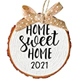 Home Sweet Home 2021 Wood Slice Christmas Ornament (Gift Box Included) (White, Burlap Bow)