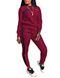 Women Stripe Patchwork Two Piece Sweatsuit Round Neck Pullover and Skinny Long Pants Wine Red S