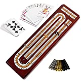 Juegoal Upgrade Wood Cribbage Board Game Set, Solid Wooden Continuous 3 Track Board with Larger Storage Area, 9 Metal Pegs and 2 Decks of Playing Cards, Travel Portable Cribbage Game Sets