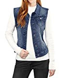 Allegra K Women's Buttoned Washed Denim Vest Jacket W Chest Flap Pockets Large Dark Blue