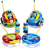 Prextex Pack of 2 Cartoon Remote Control Cars - Police Car and Race Car - Radio Control Toys for Kids (Boys & Girls) - Each with Different Frequencies So Both Can Race Together. Gifts for Toddler boys