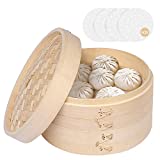 Bamboo Steamer 8 Inch, Dumpling Steamer Basket - Two Tier Baskets - Bun Bao Steamer, Dim Sum Steamer with Lid & 50 Pcs Steamer Liners, Chinese Steamer Bamboo For Cooking Rice, Vegetables, Meat & Fish