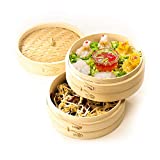 Bamboo Steamer 10 inch - Chinese Steaming Basket for Cooking Dumplings Meat Fish Vegetables Bao Bun and Rice - Dim Sum Steamer - Liners and Chopsticks