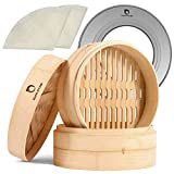 HAPPi STUDIO Bamboo Steamer Basket 10 inch and 304 Stainless Steel Steamer Ring Set - 100% Natural Handmade 2-Tier Dumpling Steamer for Cooking Dim sum, Bao Bun - Cotton Liners Included - Extra Deep