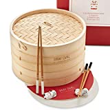 Gray Oval - 10 inch Bamboo Steamer Basket 2-Tier (2 Pairs of Chopsticks & 2 Holders, 50 Paper Liners) - Bamboo Dumpling Steamer Basket, Steam Basket for Cooking, Bao Bun Steamer
