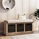 Entryway Storage Bench Rustic Storage Bench with 3 Removable Basket, Shoe Bench Storage Bench with Removable Cushion for Living Room, Entryway, Hallway (White)