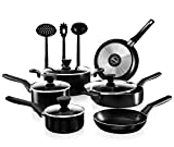 NutriChef 13-Piece Nonstick Cookware PTFE/PFOA/PFOS Free Heat Resistant Kitchen Ware Set w/Saucepan, Frying Pans, Cooking Pots, Casserole, Lids, Ladle, Fork, Strainer NCCWA13, Black