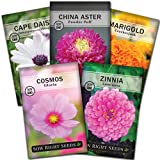 Sow Right Seeds - Flower Seed Garden Collection for Planting - 5 Packets Includes Marigold, Zinnia, Sunflower, Cape Daisy, and Cosmos - Wonderful Gardening Gift