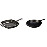 Lodge Cast Iron Skillet, 15" & Pre-Seasoned Cast Iron Grill Pan With Assist Handle, 10.5 inch, Black