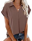 Gaharu Chiffon Blouses for Women Collared Tunic Short Sleeve Summer Work Tops V Neck Elegant Blouses Evening Business Casual Tunics Dressy Coffee,M