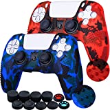 YoRHa Studded Printing Silicone Cover Skin Case for PS5 Dualsense Controller x 2(Camouflage Red+Blue) with Pro Thumb Grips x 10